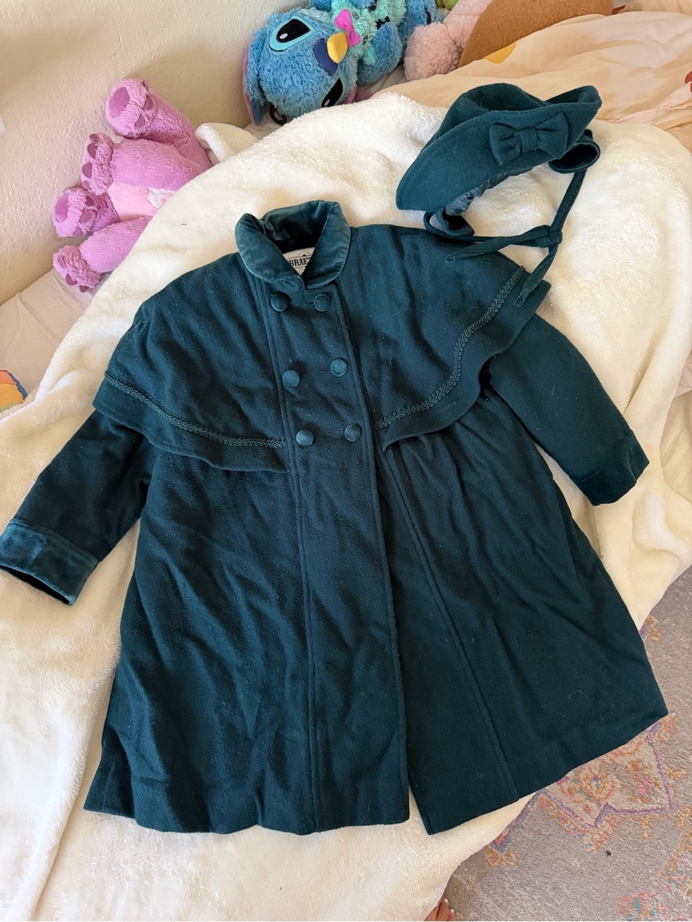 Vintage Christmas wool Dark green Girls' Coat with Matching Hat size 5t